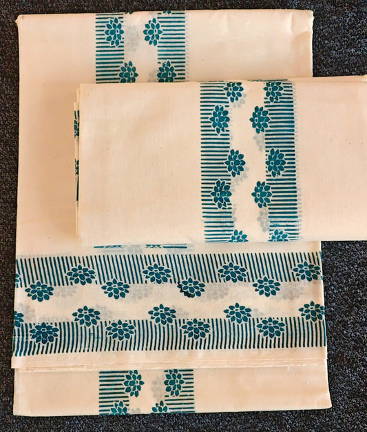 Set Mundu - Floral Print Design Pallu with 3 Inch in Blue