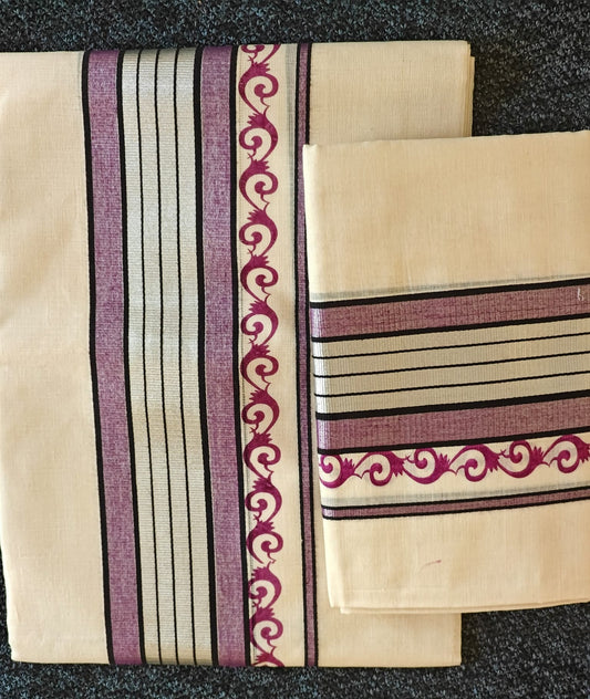 Set Mundu Purple & Silver Line Pallu  3 Inch Kasavu