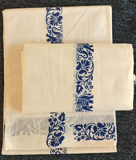 Set Mundu - Elephant Design Pallu with 1 Inch in Blue