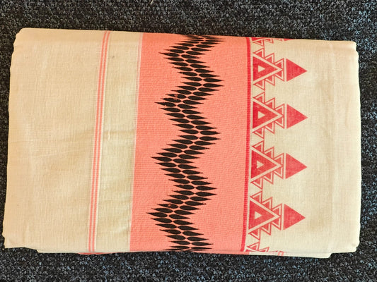 Set Mundu - Temple Design Pallu with 3 Inch Light Orange Kasavu