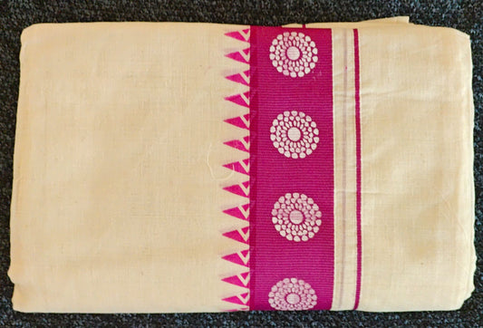 Set Mundu - Floral Print Design Pallu with 2 Inch in Magenta