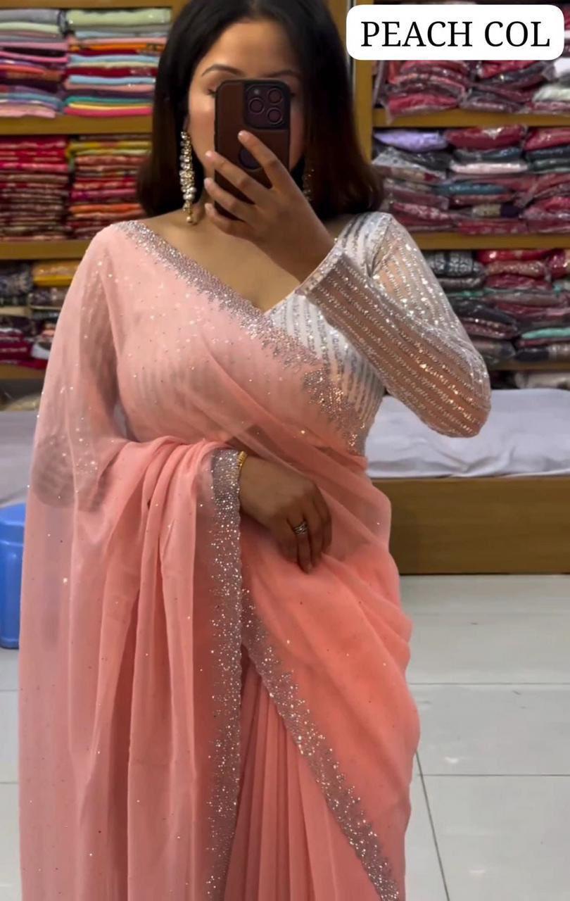 Heavy Georgette Embroidery Saree – Peach