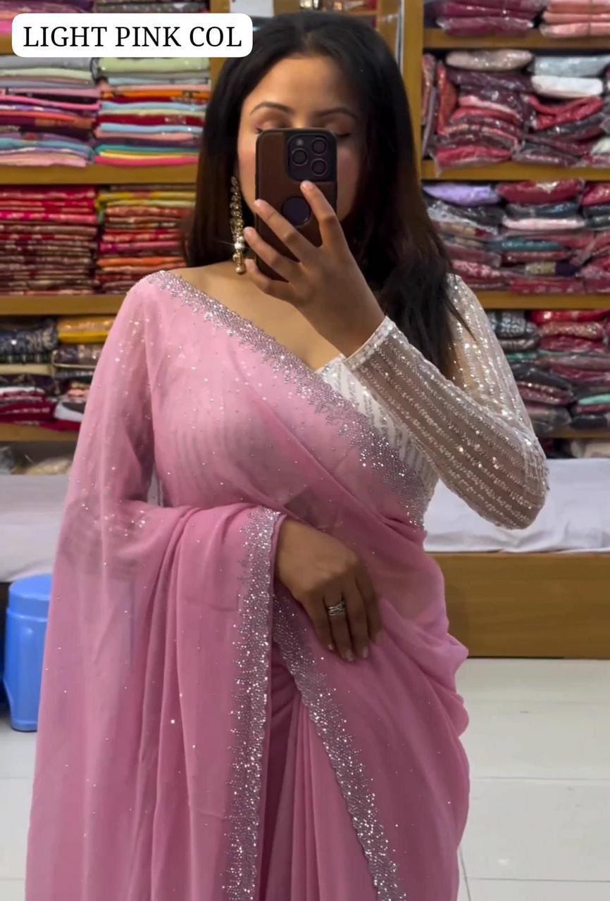 Heavy Georgette Embroidery Saree - Light Pink