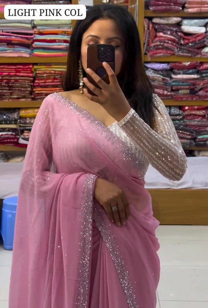 Heavy Georgette Embroidery Saree - Light Pink