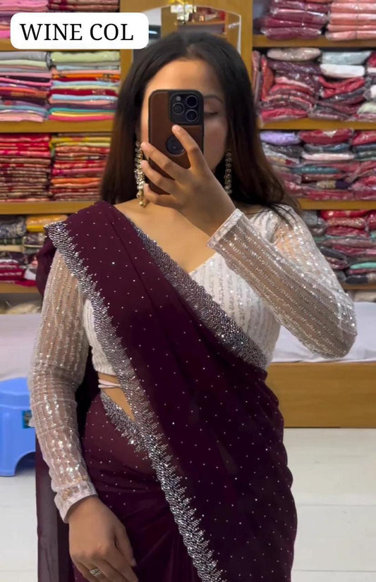 Heavy Georgette Embroidery Saree – Red Wine