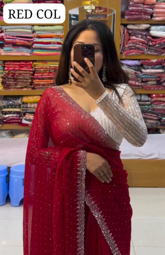 Heavy Georgette Embroidery Saree – Red