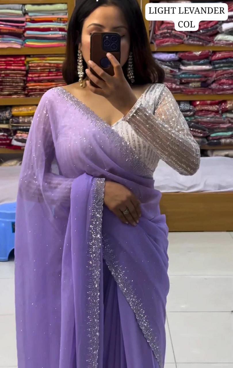 Heavy Georgette Embroidery Saree - Lavender
