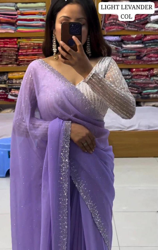 Heavy Georgette Embroidery Saree - Lavender