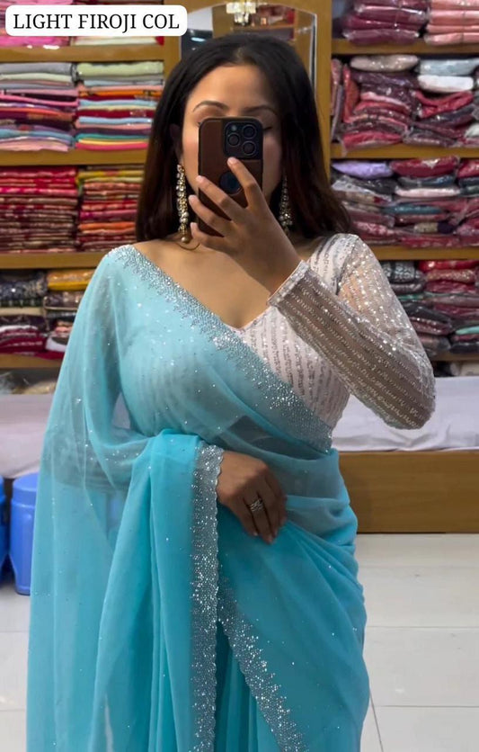Heavy Georgette Embroidery Saree - Light Firoji