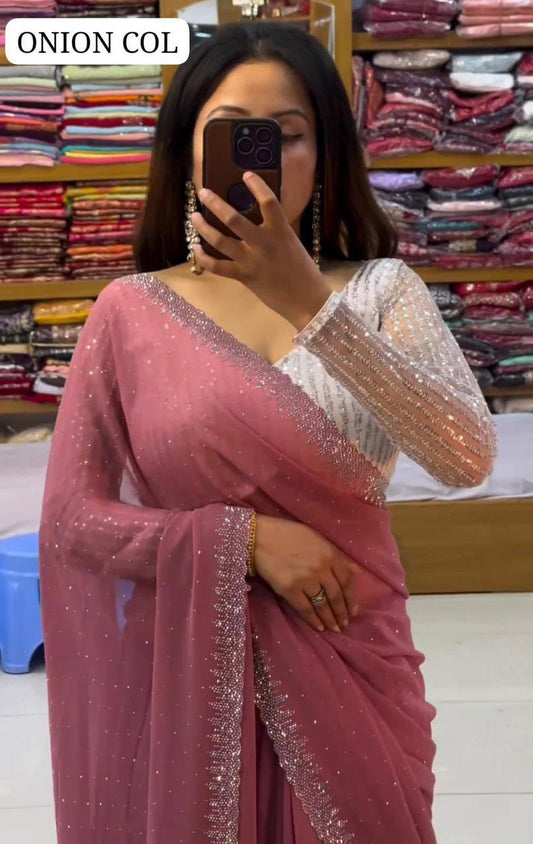 Heavy Georgette Embroidery Saree - Onion Red