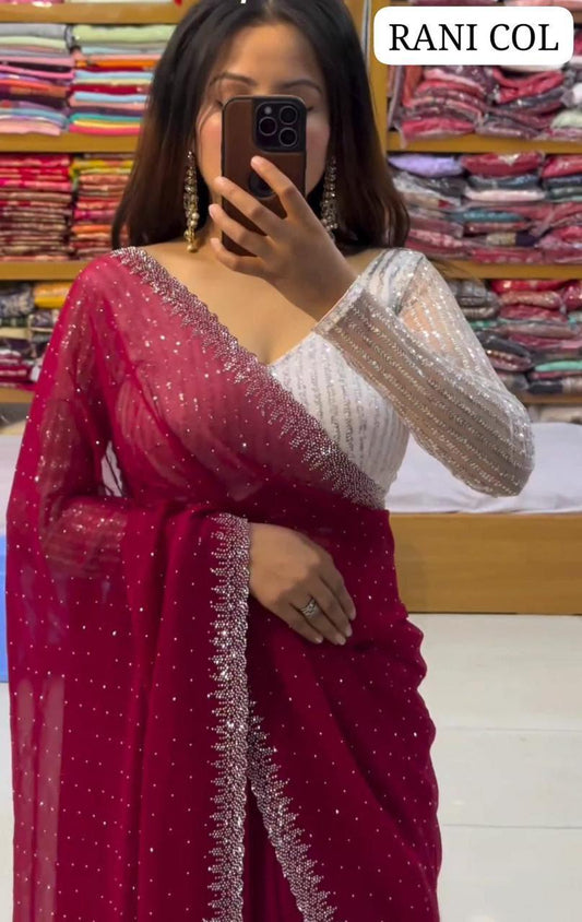 Heavy Georgette Embroidery Saree - Rani Color