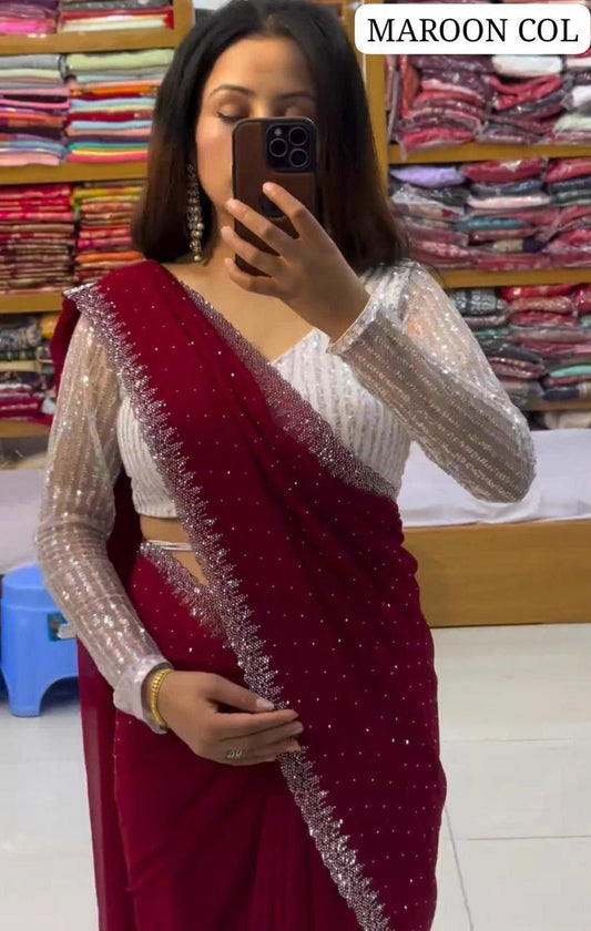 Heavy Georgette Embroidery Saree - Maroon