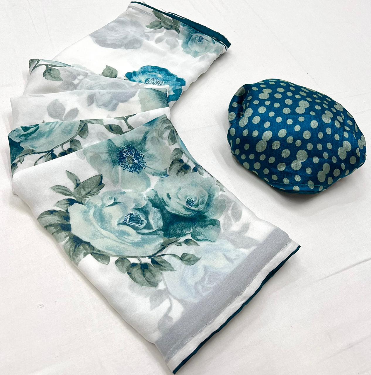 White & Blue Flower Georgette Saree