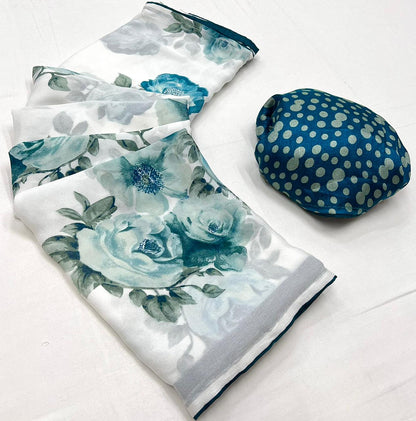 White & Blue Flower Georgette Saree