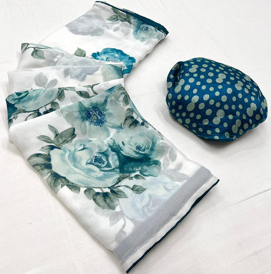 White & Blue Flower Georgette Saree