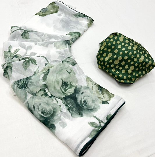 White & Green Flower Georgette Saree