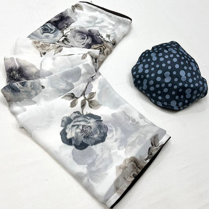 White & Navy Blue Flower Georgette Saree