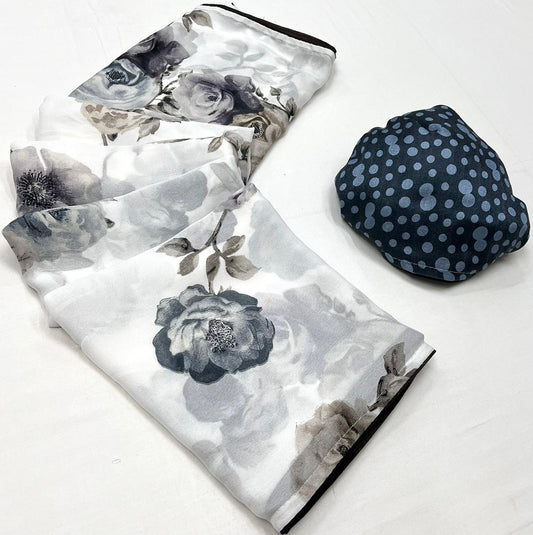 White & Navy Blue Flower Georgette Saree