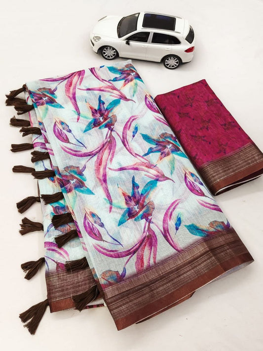 Linen with Silver Jari Border Saree - Brown & Pink