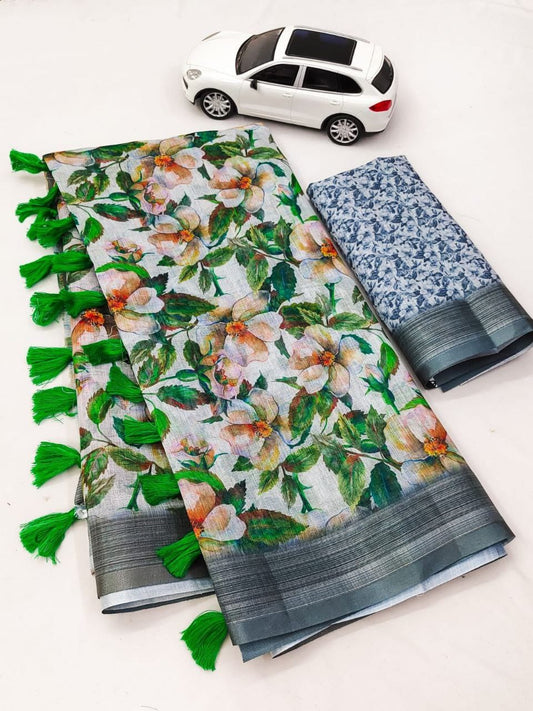 Linen with Silver Jari Border Saree - Green