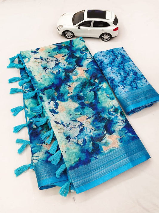 Blue Floral Linen Saree with Silver Jari Border