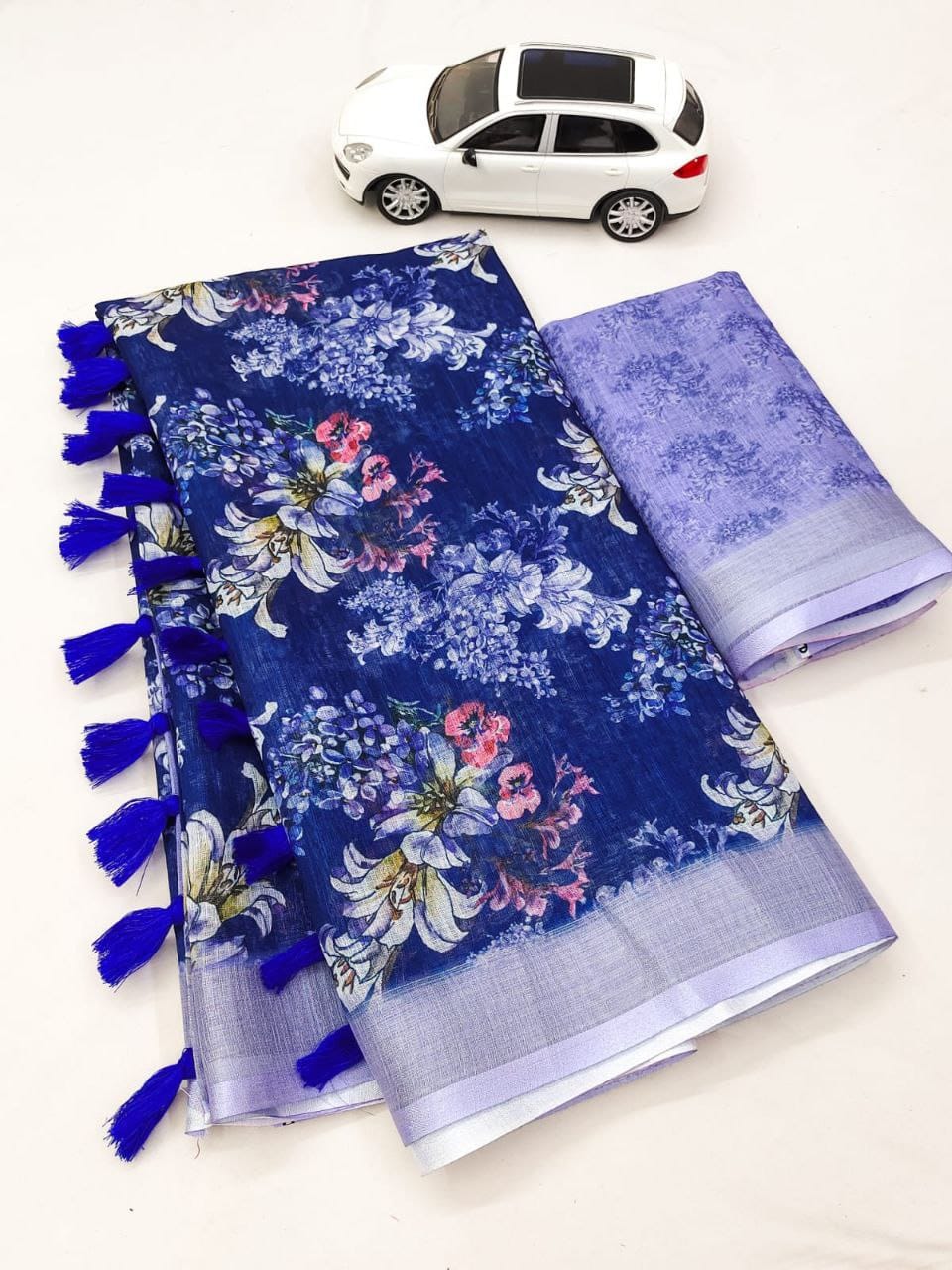Bright Blue Floral Printed Saree with Tassels