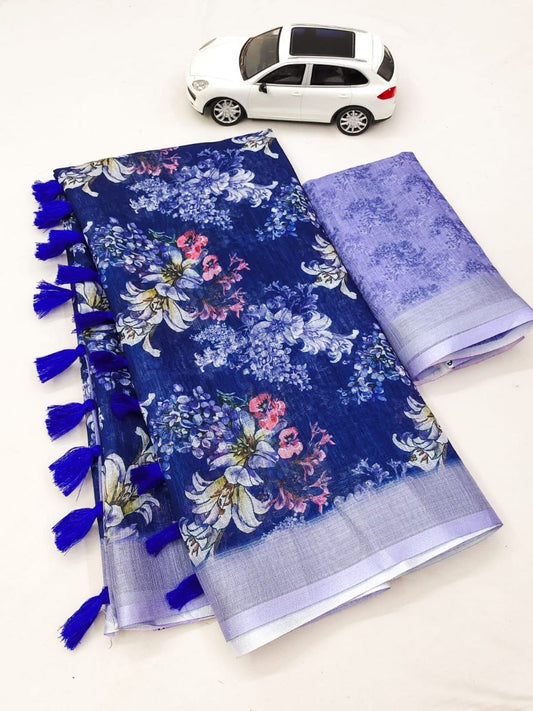 Bright Blue Floral Printed Saree with Tassels