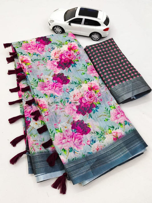 Grey and Pink Linen with Silver Jari Border Saree