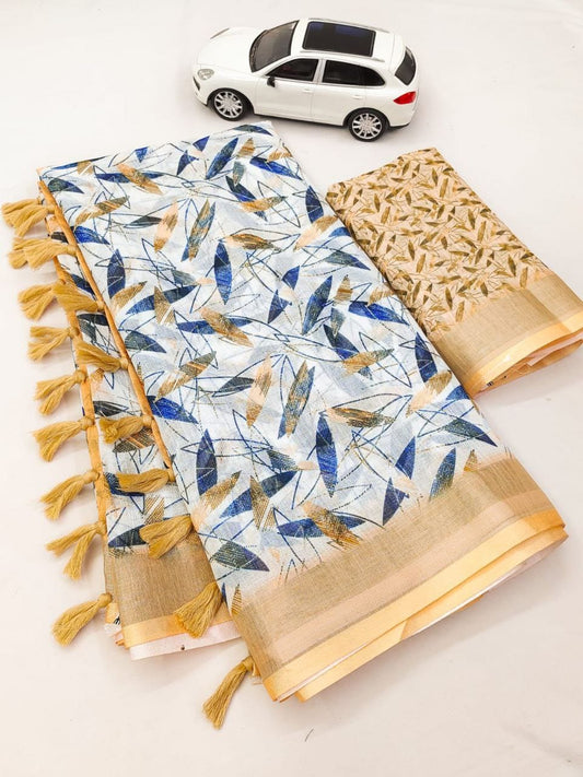 White & Golden Linen Saree with Blue Leaf Prints