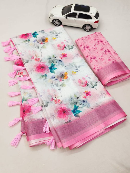 Linen Pink Saree with silver jari border