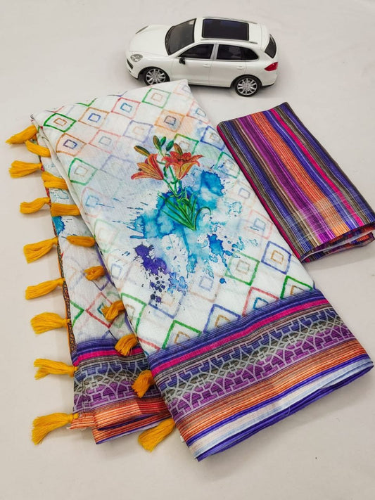 Colorful Border Linen Saree With Yellow Tassels