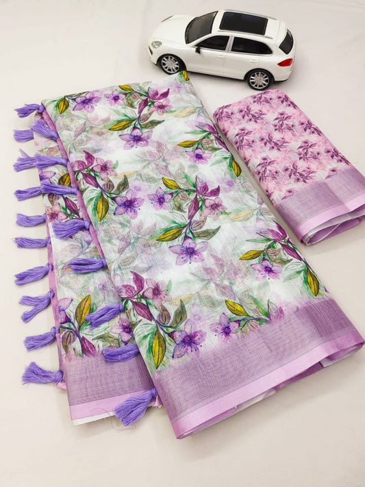 Floral-patterned saree with lavender tassels and a small car model on a white background