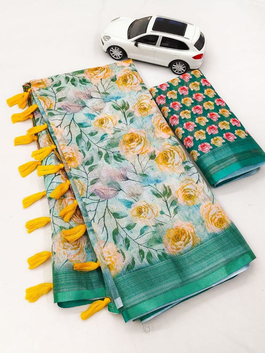 Floral saree with yellow tassels on a white background