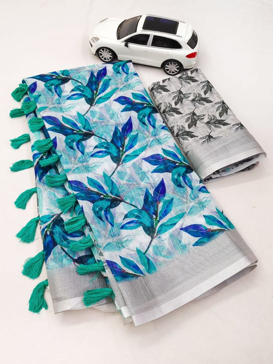 Two folded saree with leaf patterns and tassels on a white background