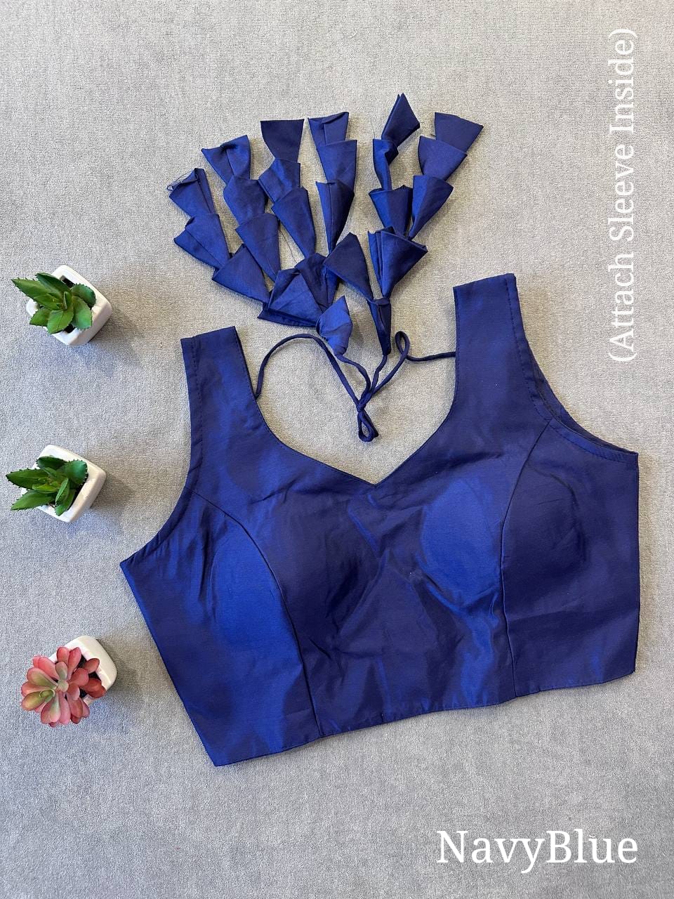 Navy Royal Blue Silk Blouse for Women | Sweetheart Neckline, Padded, Sleeves attached, Size Alterable 40 - 46