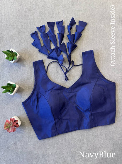Navy Royal Blue Silk Blouse for Women | Sweetheart Neckline, Padded, Sleeves attached, Size Alterable 40 - 46