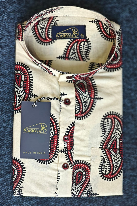 Cream & Red Paisley Print Full Sleeve Kurta for Men