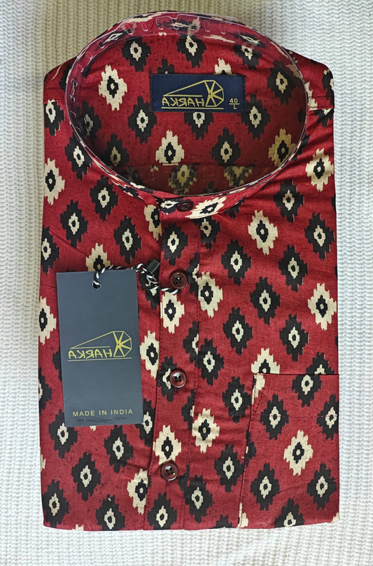 Red Ikat-Inspired Printed Full Sleeve Kurta for Men