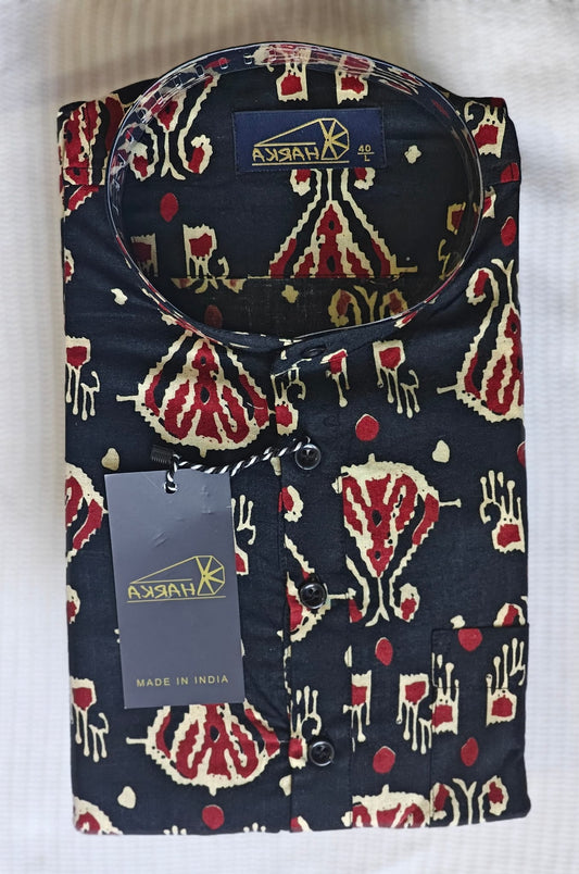 Black & Red Ikat Print Full sleave Kurta for Men