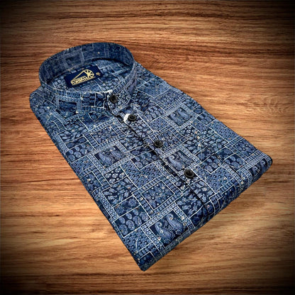 Royal Blue Heritage Print Full sleeve Kurta