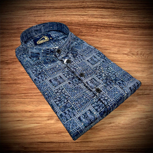 Royal Blue Heritage Print Full sleeve Kurta