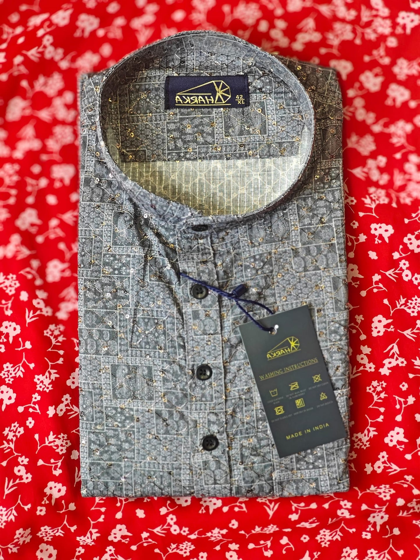Grey Printed Full Sleeve Kurta - Onam Collection
