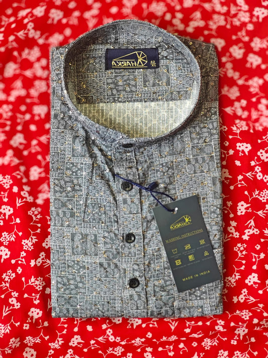 Grey Printed Full Sleeve Kurta - Onam Collection