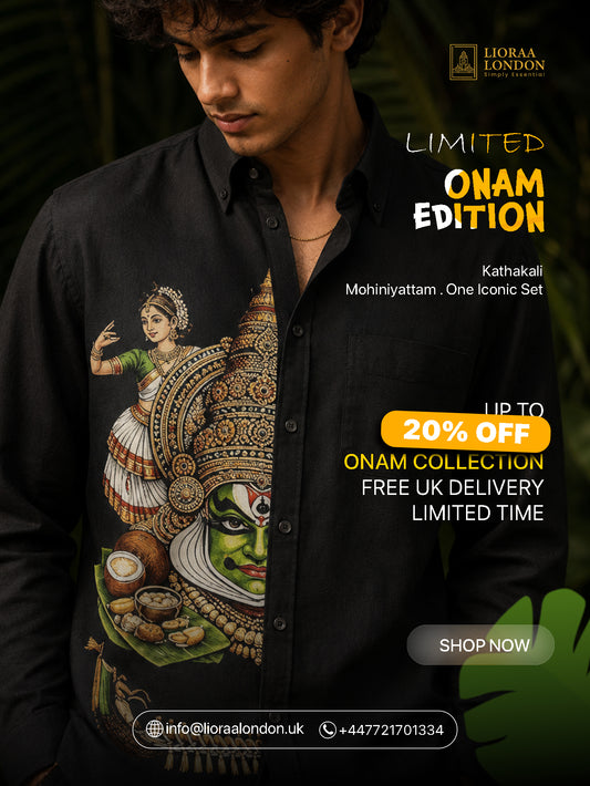 Onam Special Kathakali Print Combo Set - Double Dhoti + Shirt for Men & Women | Off-White Mundu with Golden Kasavu Border + Formal Shirt