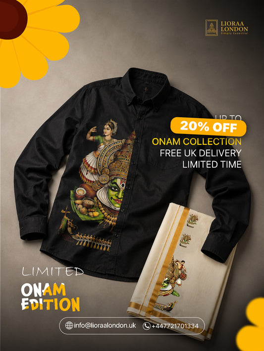 Onam Special Kathakali Print Combo Set - Double Dhoti + Shirt for Men & Women | Off-White Mundu with Golden Kasavu Border + Formal Shirt