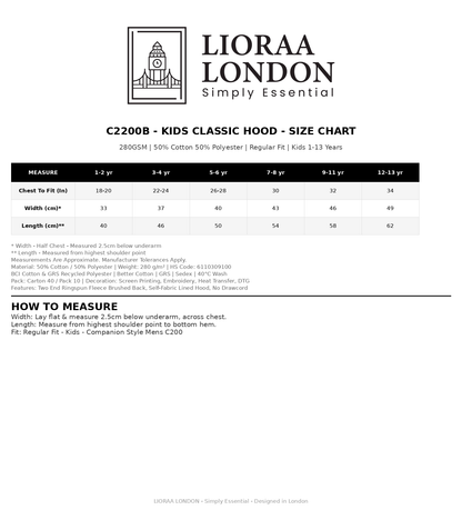 Lioraa London Kids Hoodie - C2200B Classic 280GSM Regular Fit Pullover Hoodie