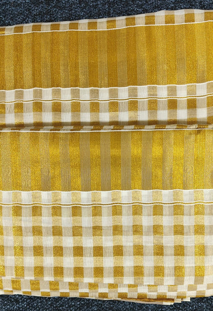 Golden Check Kasavu Tissue Cotton 1-Min Ready-to-Wear Saree