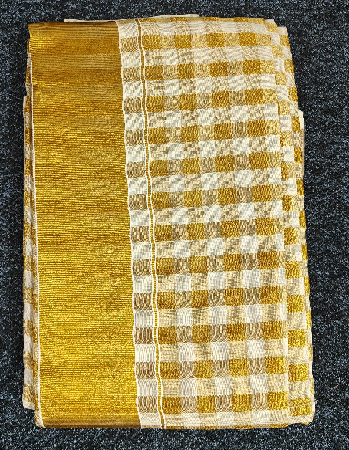 Golden Check Kasavu Tissue Cotton 1-Min Ready-to-Wear Saree