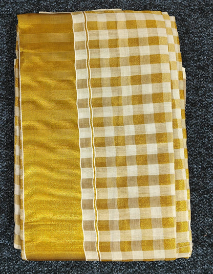 Golden Check Kasavu Tissue Cotton 1-Min Ready-to-Wear Saree