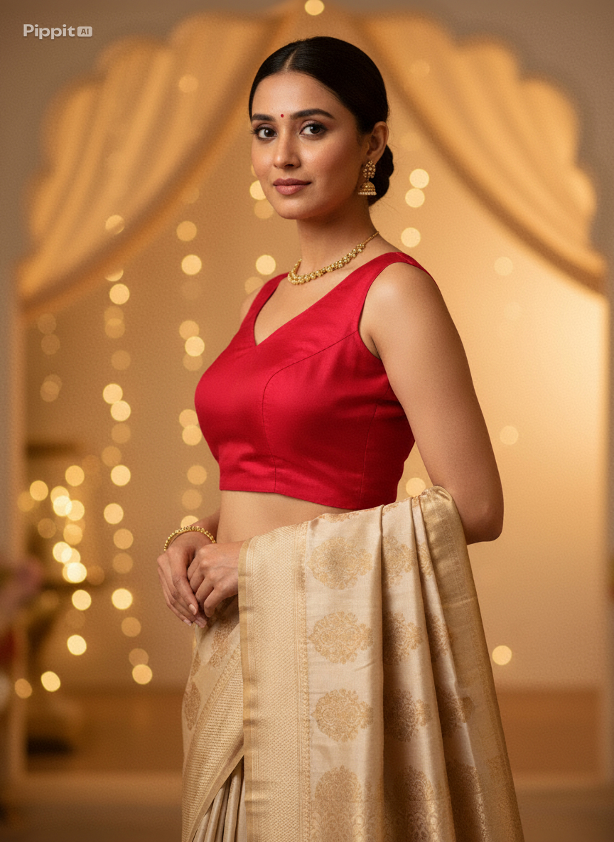 Red Silk Blouse for Women | Sweetheart Neckline, Padded, Sleeves attached, Size Alterable 40 - 46